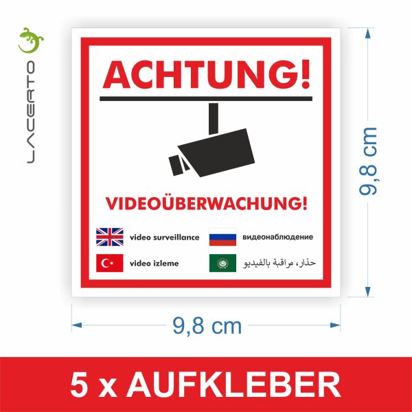 5er Set, Warnaufkleber "Videoüberwachung" 98 x 98 mm